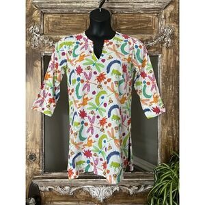 Gretchen Scott Tunic Swim Cover XS Cotton Insects‎ Showers Frogs Dragonflies